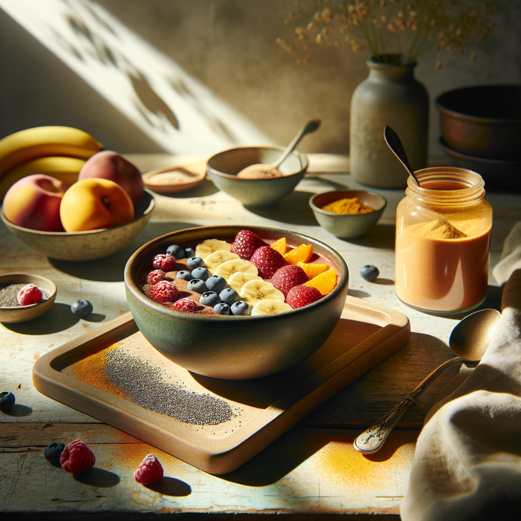 Vegane Frühstücksszene mit Smoothie Bowl und Vegardians Bestseller Bundle, ideal für einen gesunden Lebensstil. Im natürlichen Morgenlicht auf einem rustikalen Holztisch.