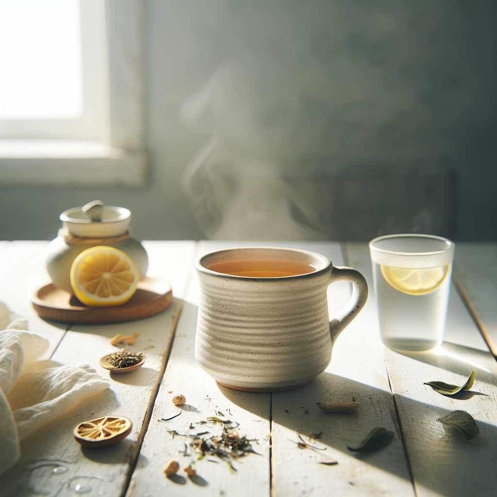 Handgemachte cremefarbene Keramiktasse mit goldenem Tee auf hellem rustikalem Holztisch, umgeben von Zitronenzesten, getrockneten Teeblättern und einem Glas Wasser in ruhiger, sonniger Atmosphäre zur Leberentgiftung.