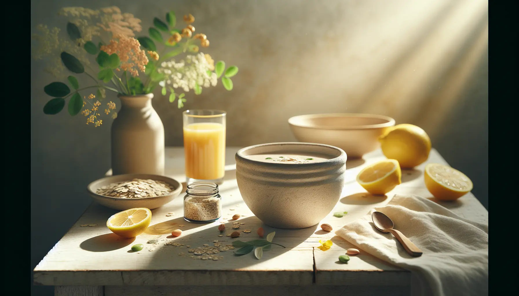 Fruehstueckstisch mit pflanzlichen Lebensmitteln offenem Vitamin B12 Praeparat und Glas Orangensaft bei hellem Tageslicht