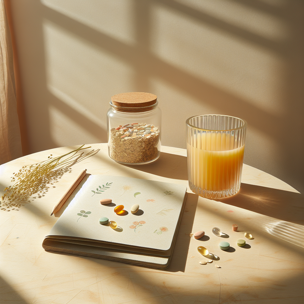 Helles, minimalistisch eingerichtetes Notizbuch mit veganen Supplement-Tabletten und Glas Orangensaft auf birkenholzfarbener Tischoberfläche im freundlichen Morgenlicht.