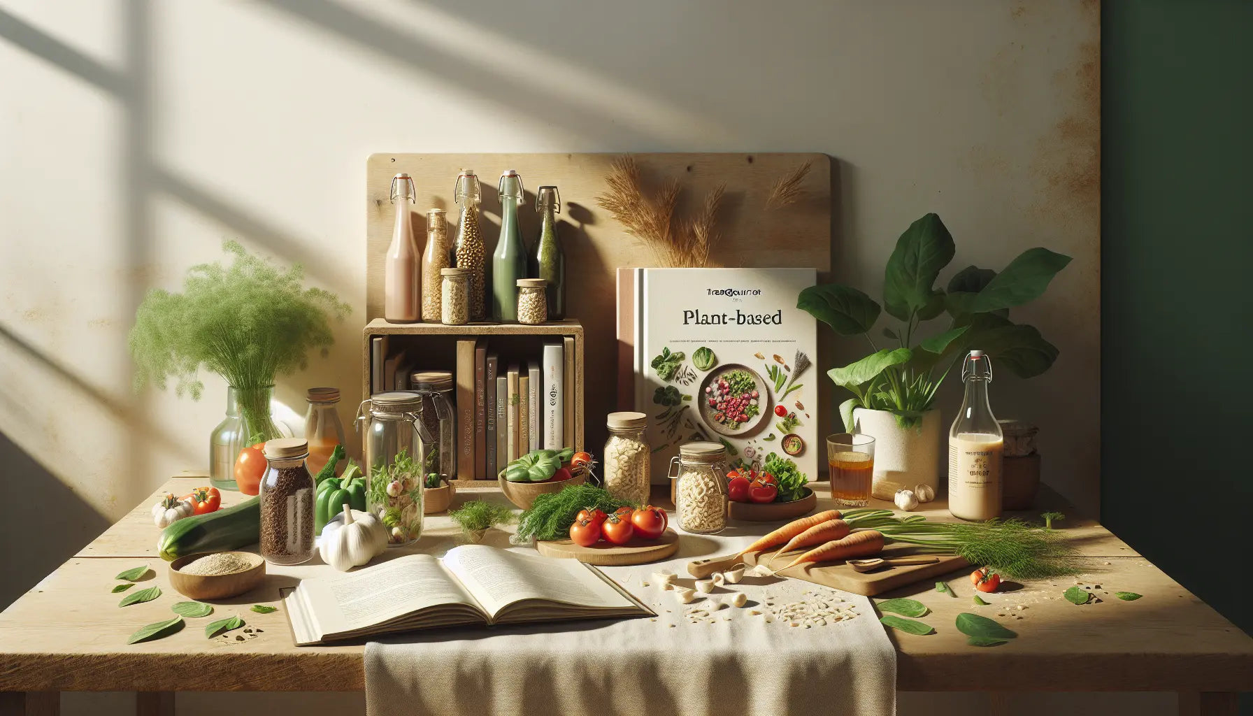 helles rustikales holzregal mit pflanzenbasierten veganen produkten frischem gemuese und veganen rezeptbuechern in sonniger wohnraumumgebung