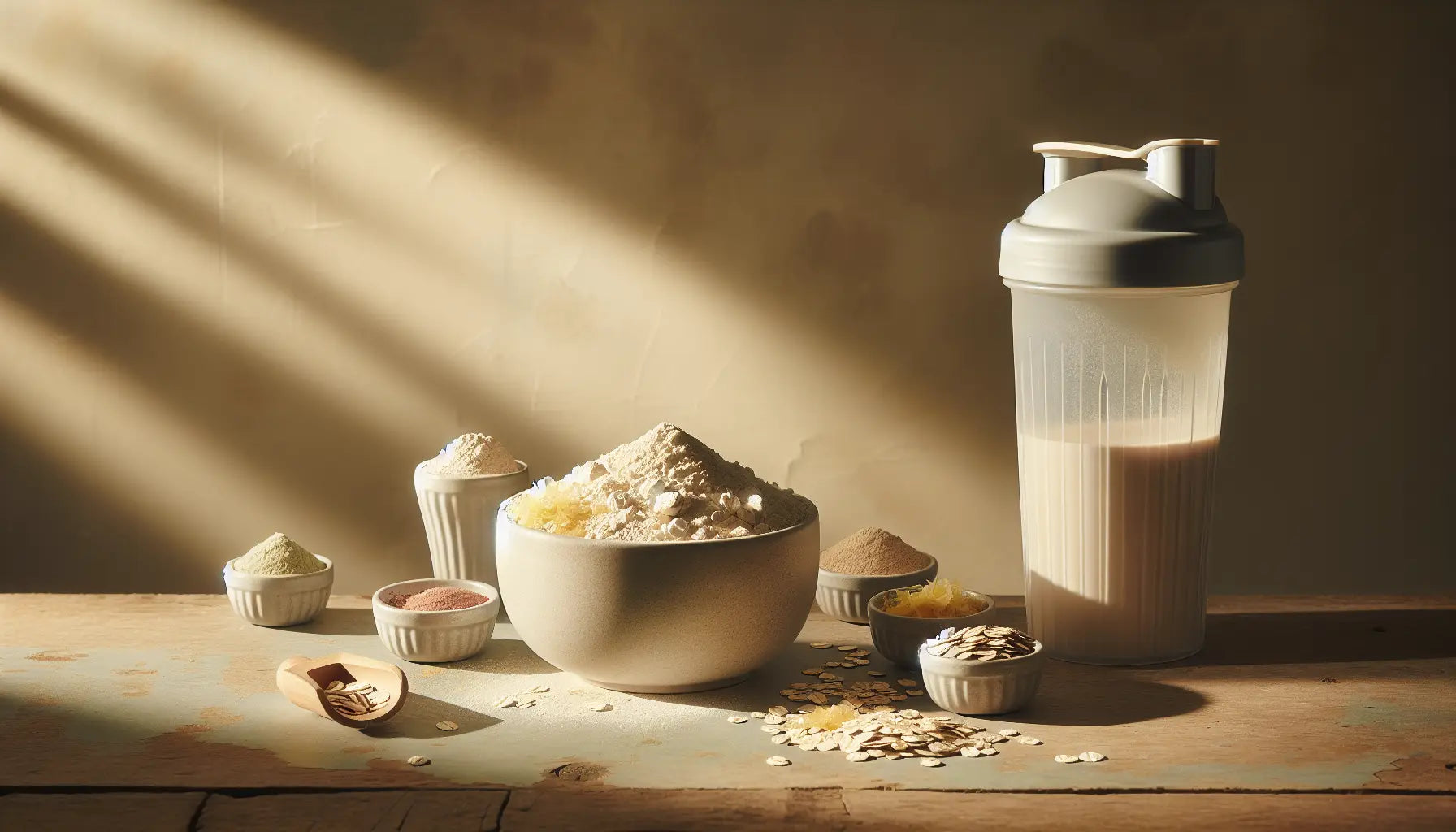 veganes proteinpulver mit shaker auf hellem rustikalem holzhintergrund verschiedene geschmacksrichtungen und proteinsorten sichtbar umgeben von haferflocken und fruchtzesten