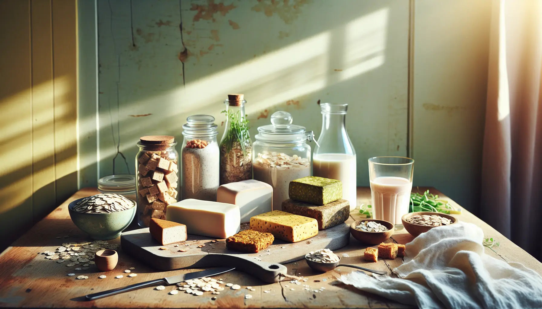 verschiedene vegane fleischalternativen tofu seitan tempeh und erbsenproteinprodukte auf heller holzflaeche mit kuechenhintergrund in sonnigem licht