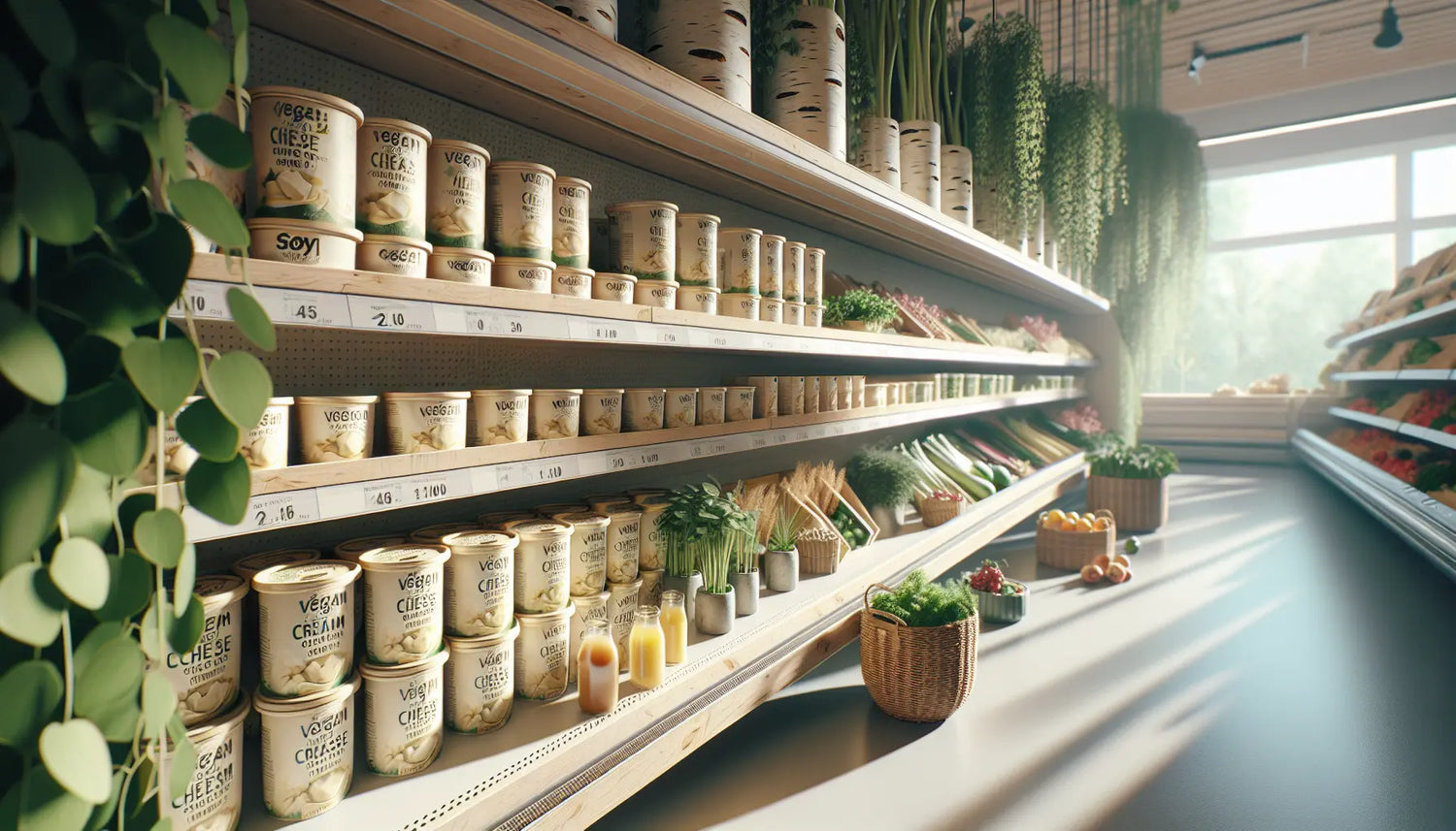 Veganer Frischkaese auf Sojabasis in Supermarktregal mit Pflanzen und frischen Zutaten im Hintergrund