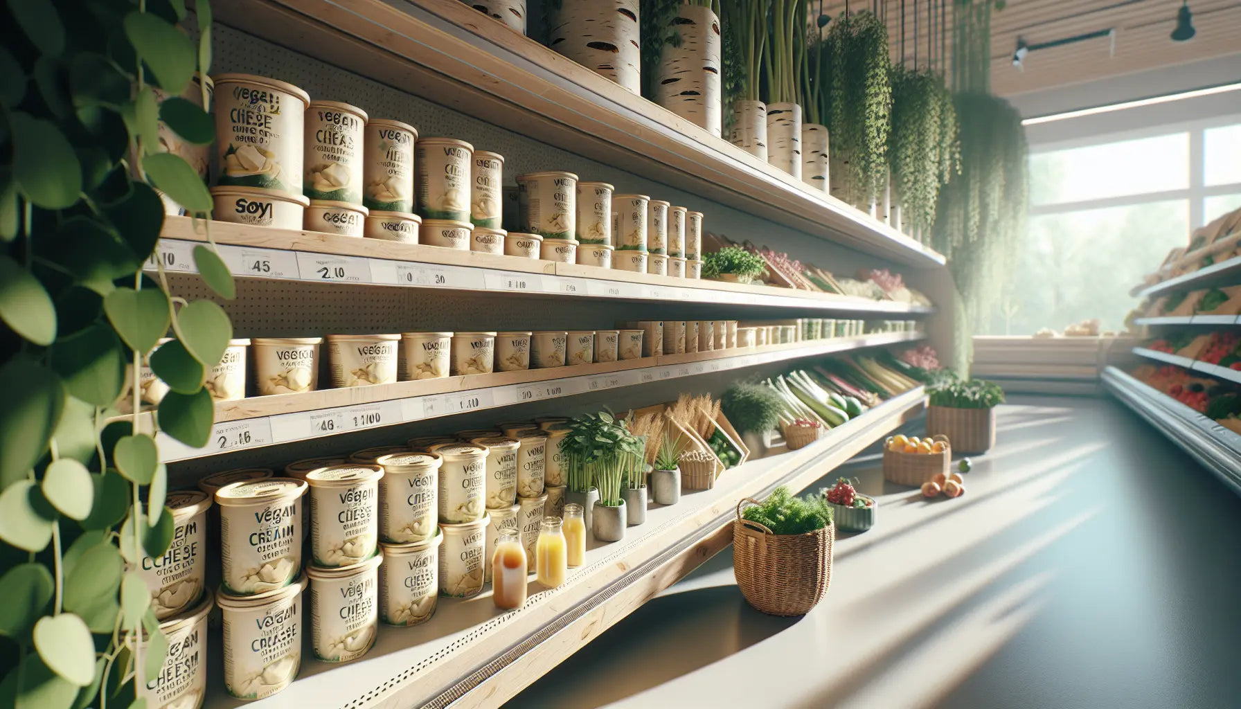 Veganer Frischkaese auf Sojabasis in Supermarktregal mit Pflanzen und frischen Zutaten im Hintergrund