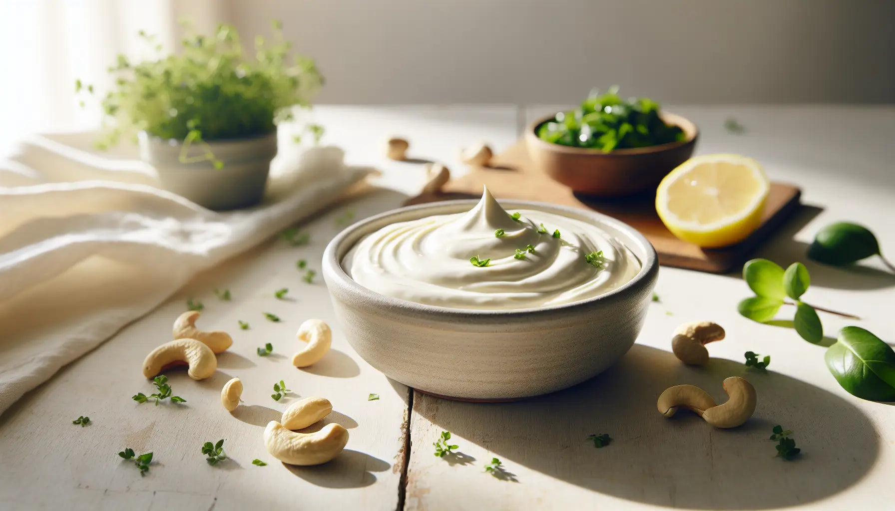 cremiger veganer frischkaese in steinzeug schale mit frischen kraeutern zitronenscheiben und cashewnuessen auf rustikalem holztisch