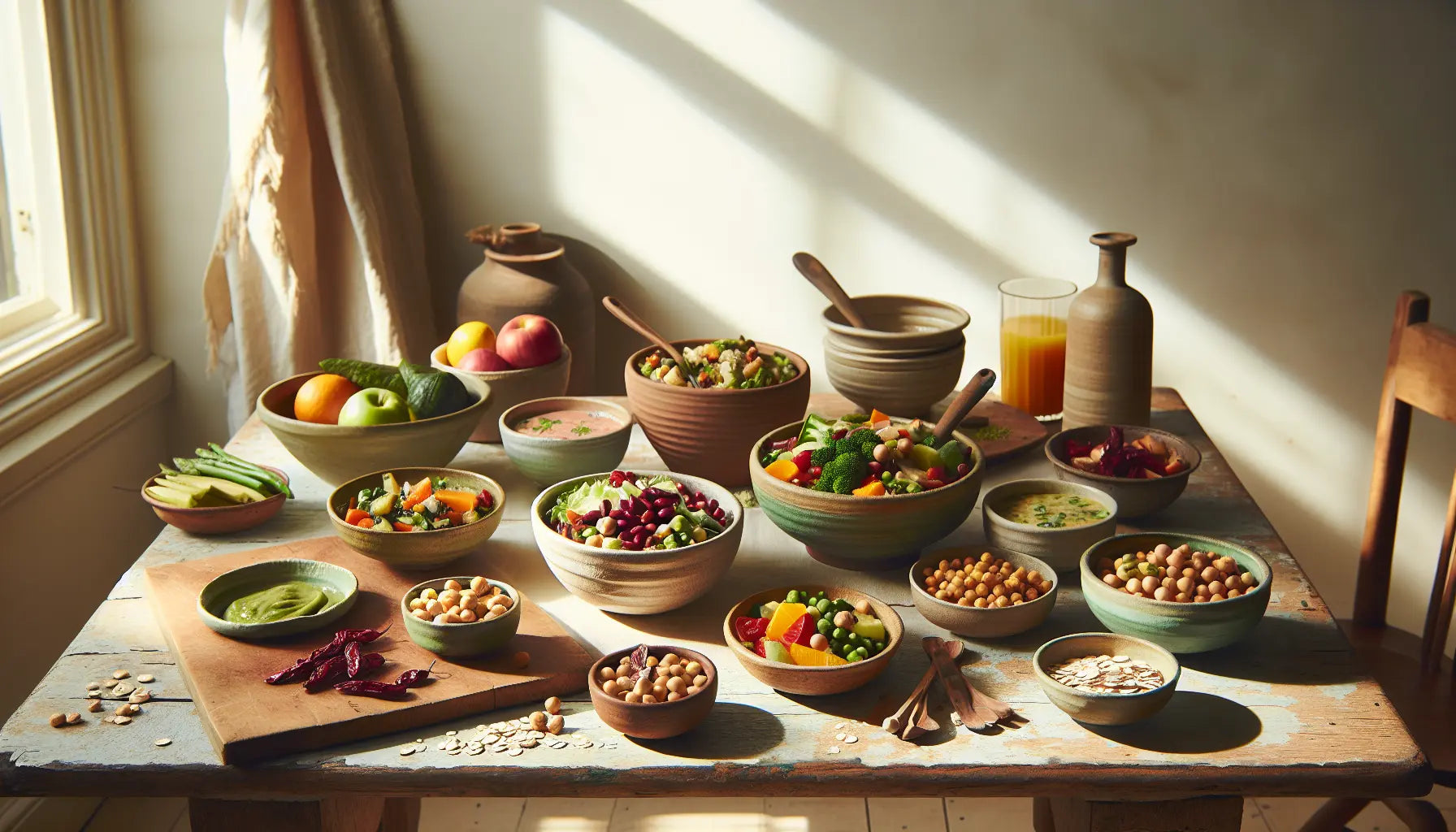 frische vegane gerichte mit huelsenfruechten gemuese obst auf hellem holztisch sonnige freundlich zubereitet