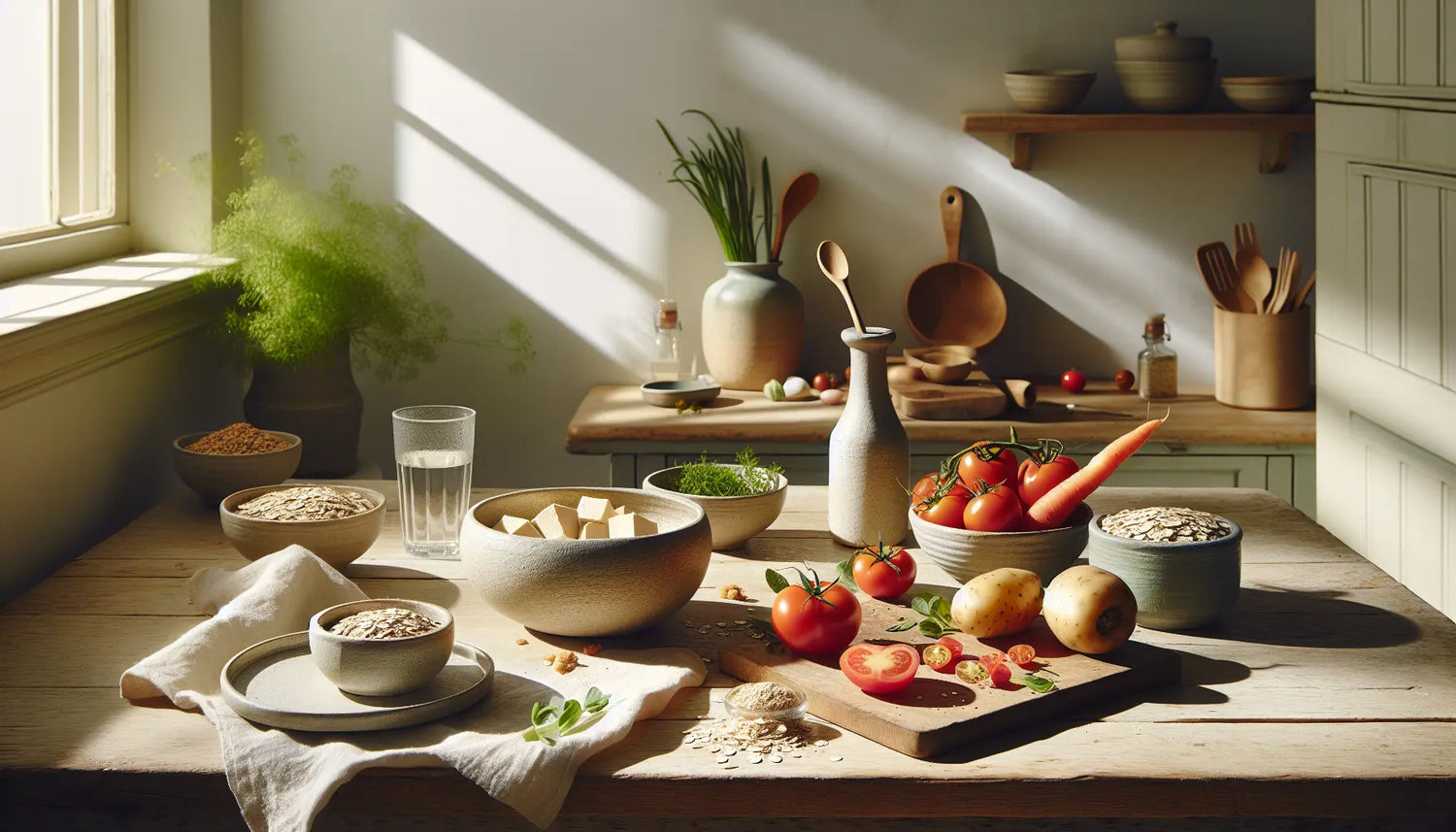 frische gemuese tofuwuerfel getreide schale auf hellem holztisch mit sonnendurchflutetem hintergrund vegane kuche