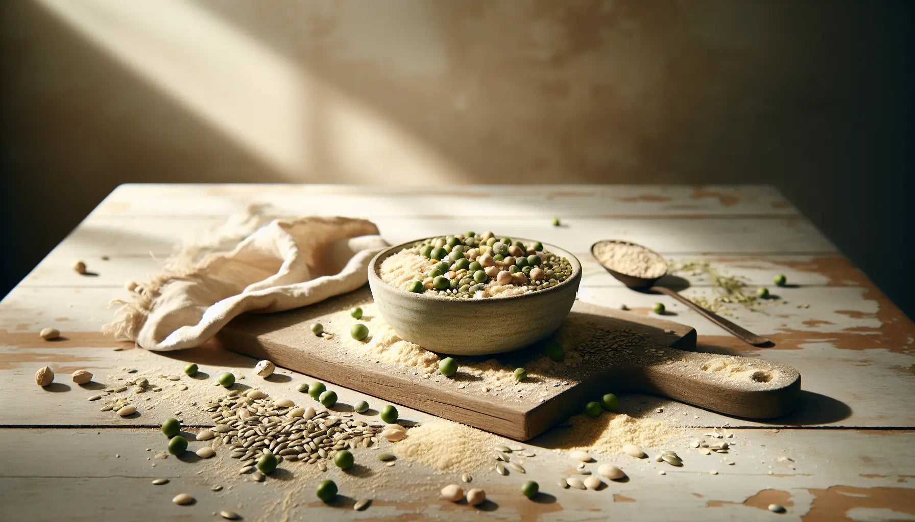 vegane proteinmischung mit erbsen reis hanf und sonnenblumensamen auf hellem rustikalem holztisch naturmaterialien und samen