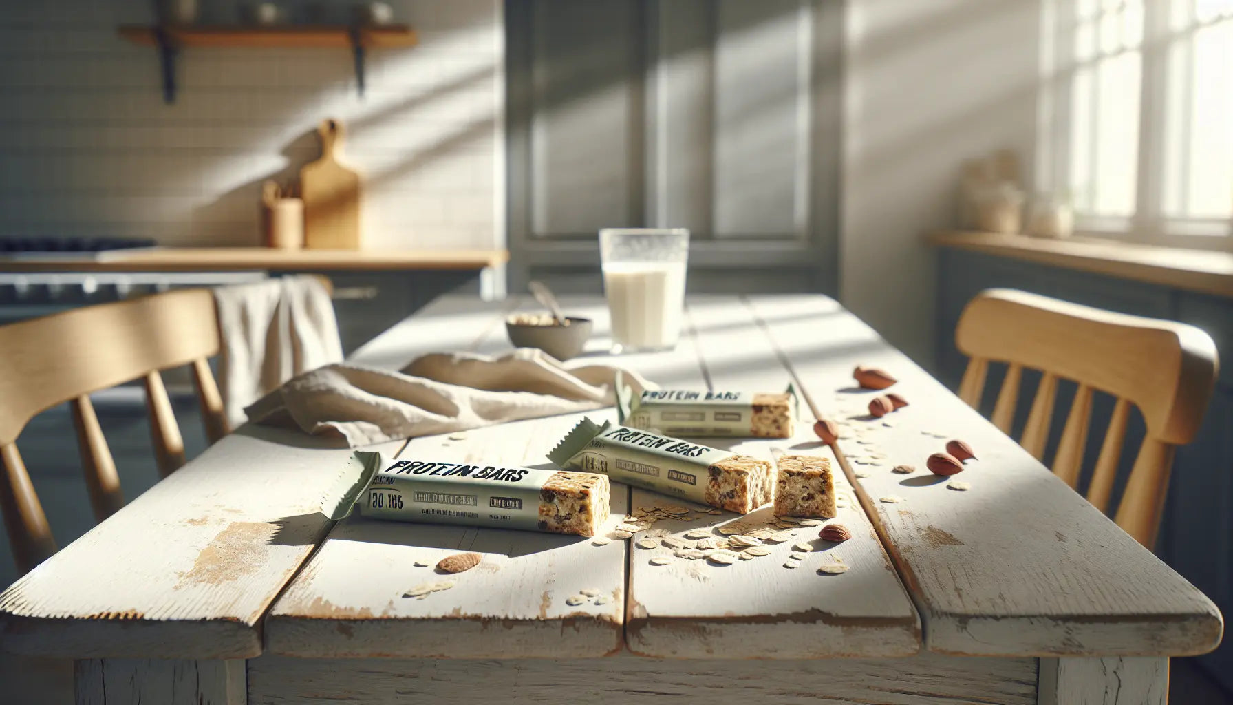 Vegane Proteinriegel locker arrangiert auf hellem Holztisch moderne küche mit Tageslicht haferflocken nussstücke und Hafermilchglas