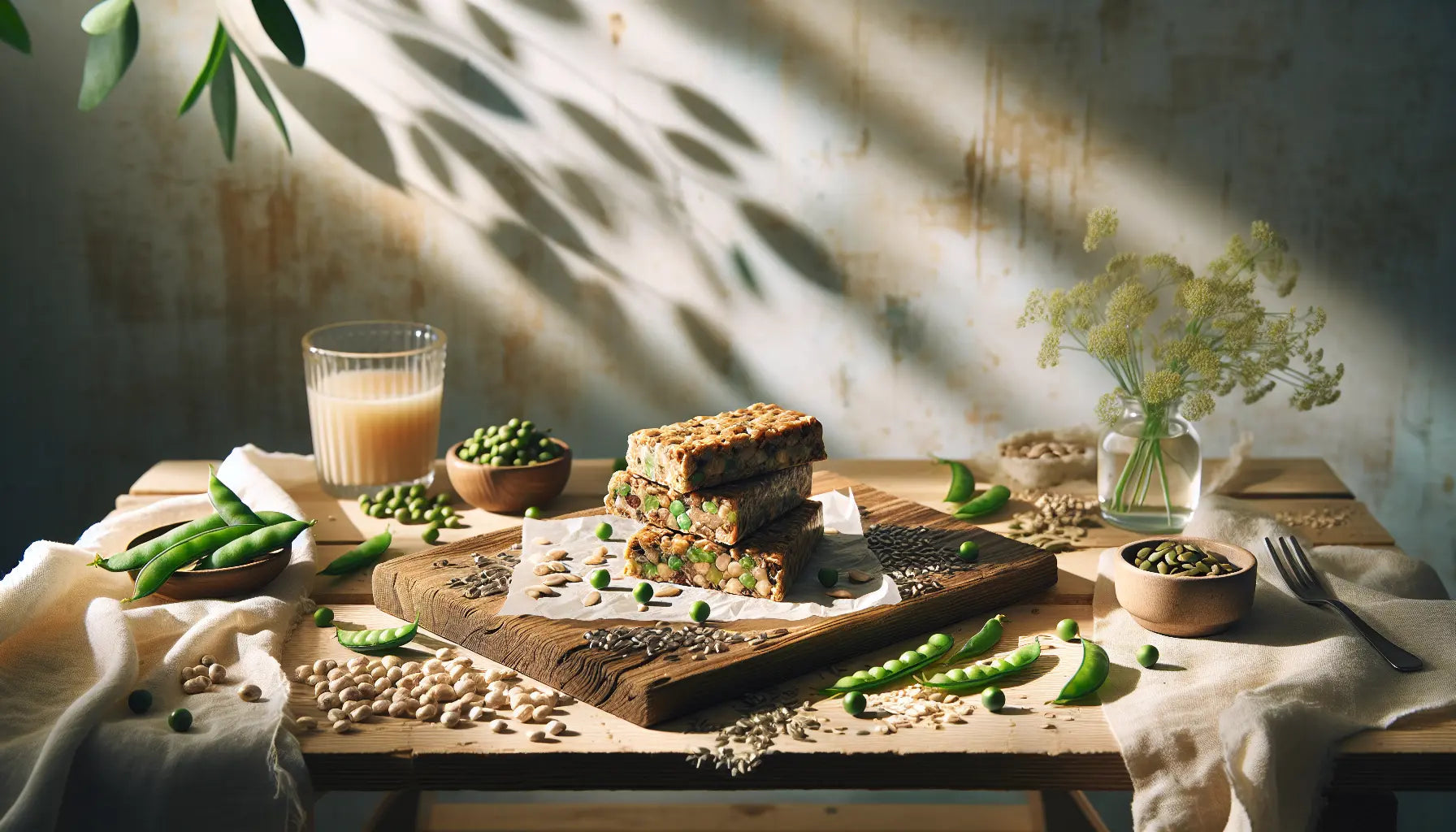 Vegane Proteinriegel auf hellem Holz mit frischen Erbsen Hanfsamen Sonnenblumenkernen in Tageslicht