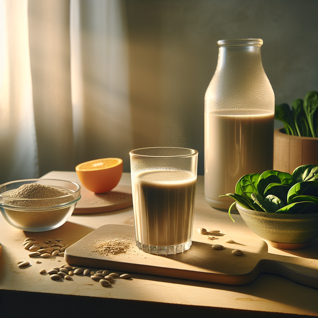 Ein veganer Proteinshake mit Sahnehäubchen auf einem hellen Holztisch, umgeben von frischem Spinat und einer halbvollen Orangensaft, in einem sonnigen, gemütlichen Küchenambiente.