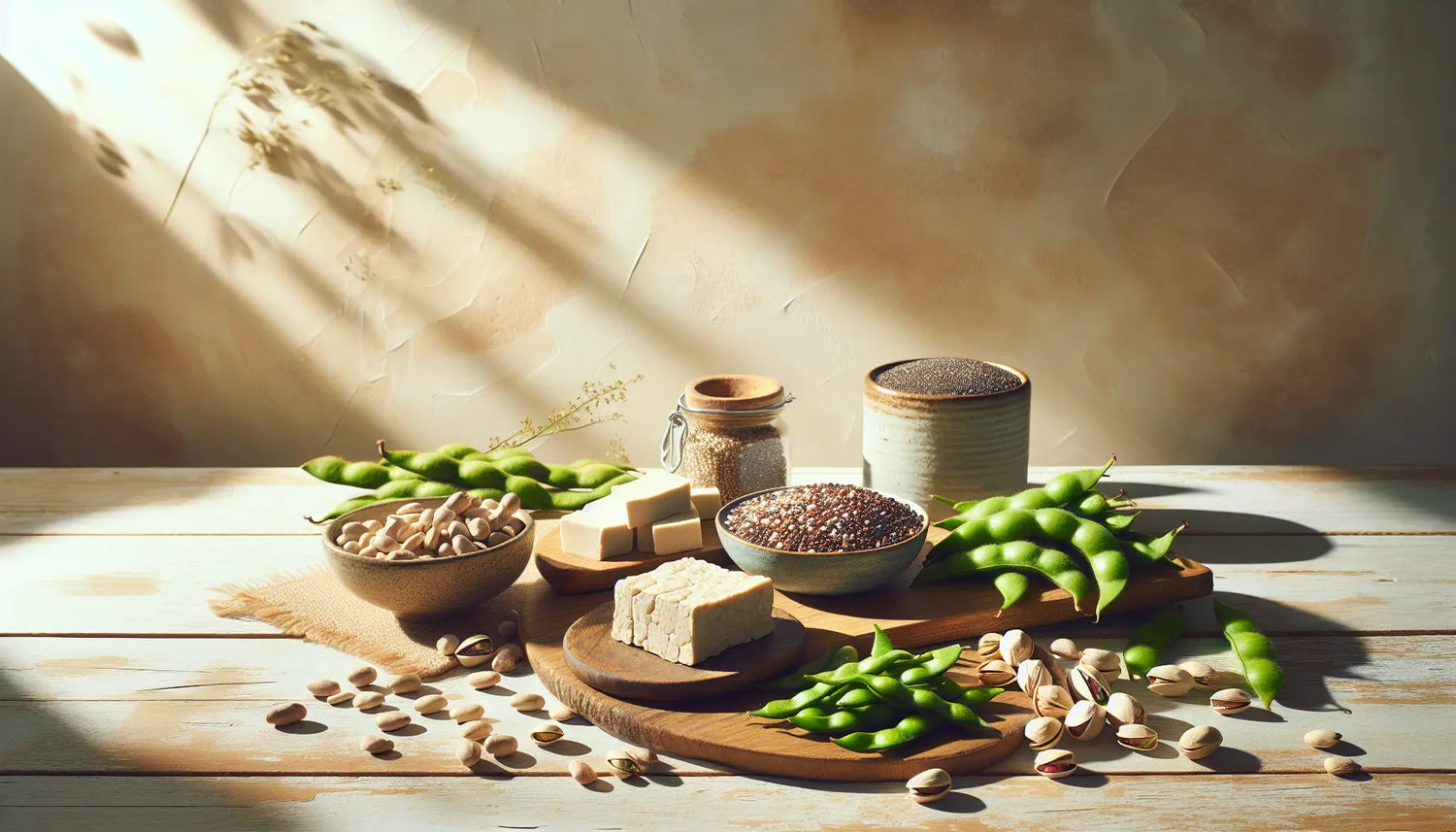 Vegane proteinquellen quinoa tofu tempeh edamame pistazien chia samen hanf buchweizen auf hellem holztisch