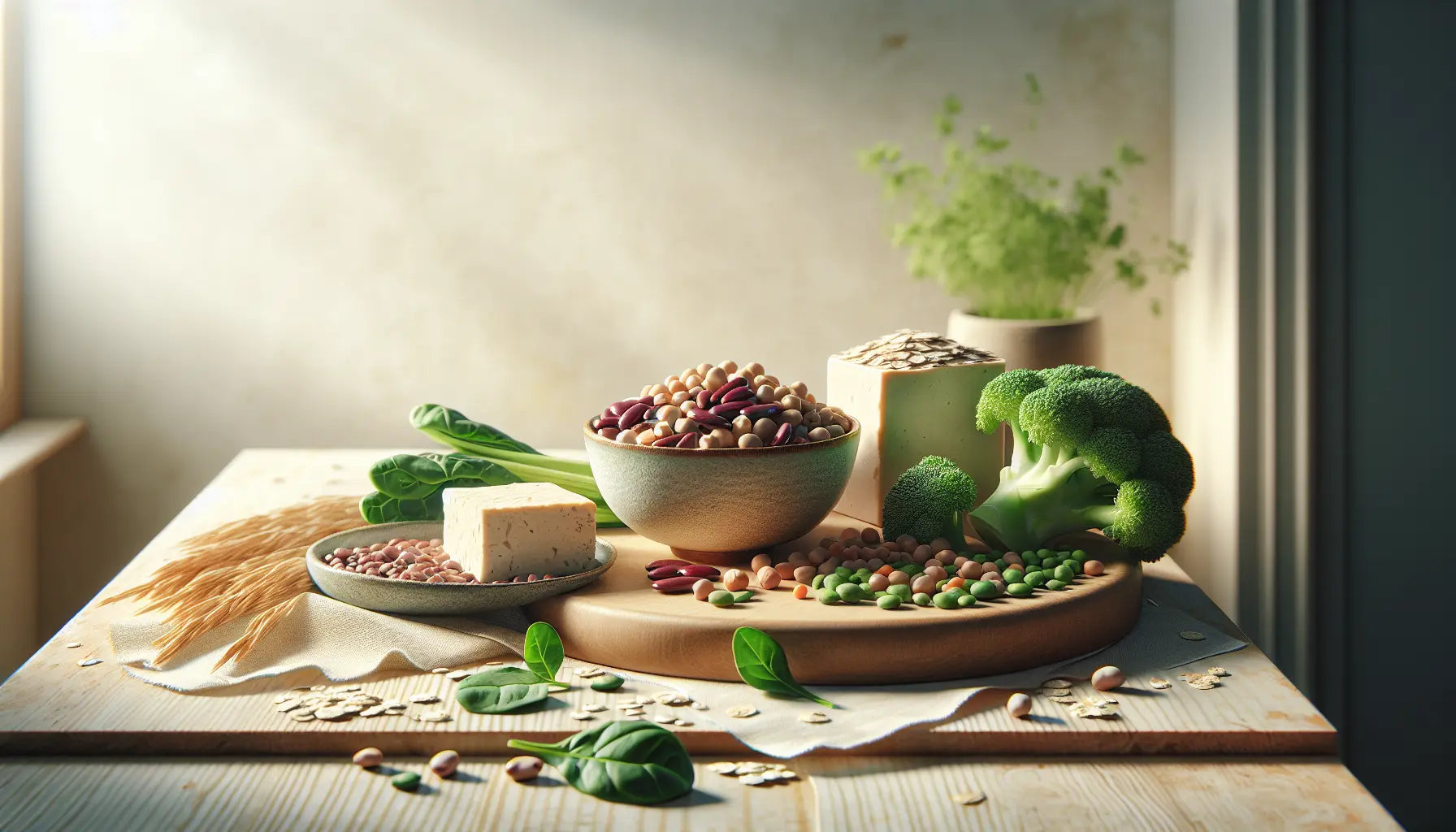 Verschiedene vegane Proteinquellen wie Hülsenfrüchte Tofu gruenes Gemuese auf hellem Holztisch natürlicher Tageslichteinfall ruhige atmosphaere