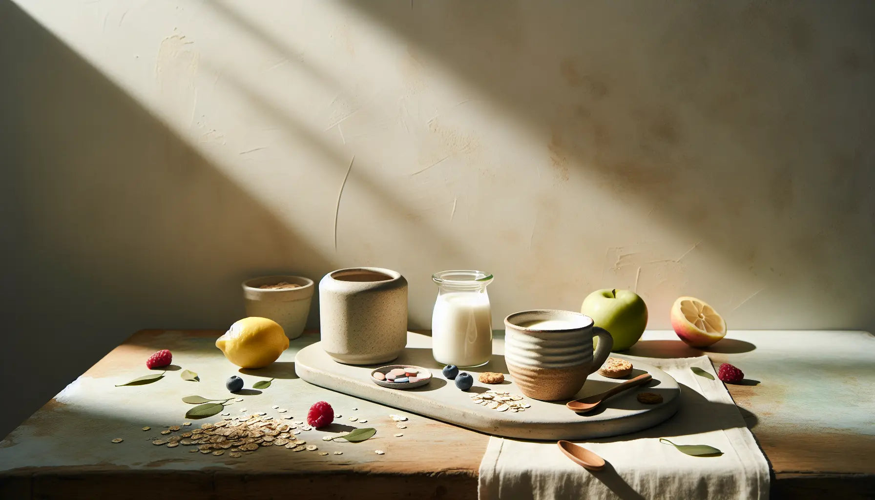veganer fruehstueckstisch mit b12 supplementen pflanzenprodukten haferflocken und frischem obst auf hellem holztisch
