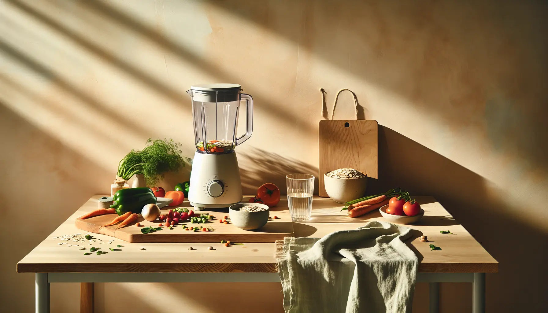 vegane küchenarbeitsplatte mit blender frischem gemuese und hülsenfruechten helle naturtoene sonnenlicht freundliche stimmung