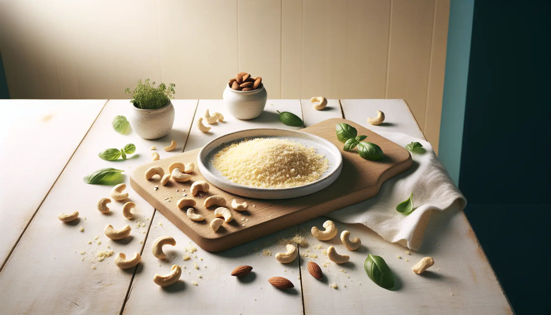 weisser teller mit veganem cashew parmesan auf hellem holztisch umgeben von frischen kraeutern und nuessen in heller freundlicher umgebung