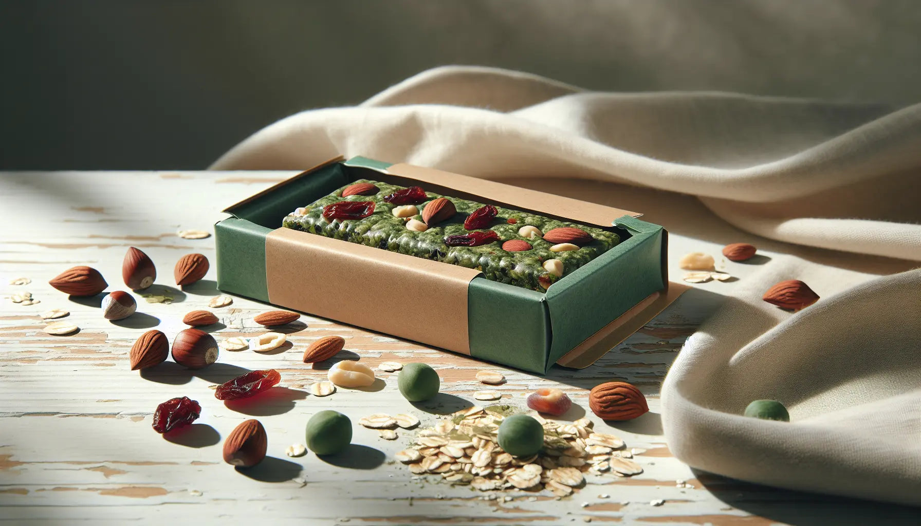 veganer proteinriegel in gruener verpackung auf hellem holztisch mit nuessen getrockneten fruechten natuerliche gesunde ingredienzen nachhaltig
