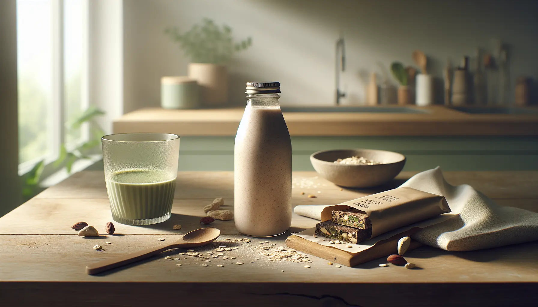veganer proteinshake aus glasflasche und proteinriegel verpackt in papierfolie auf hellem holztisch mit haferflocken und gruentee