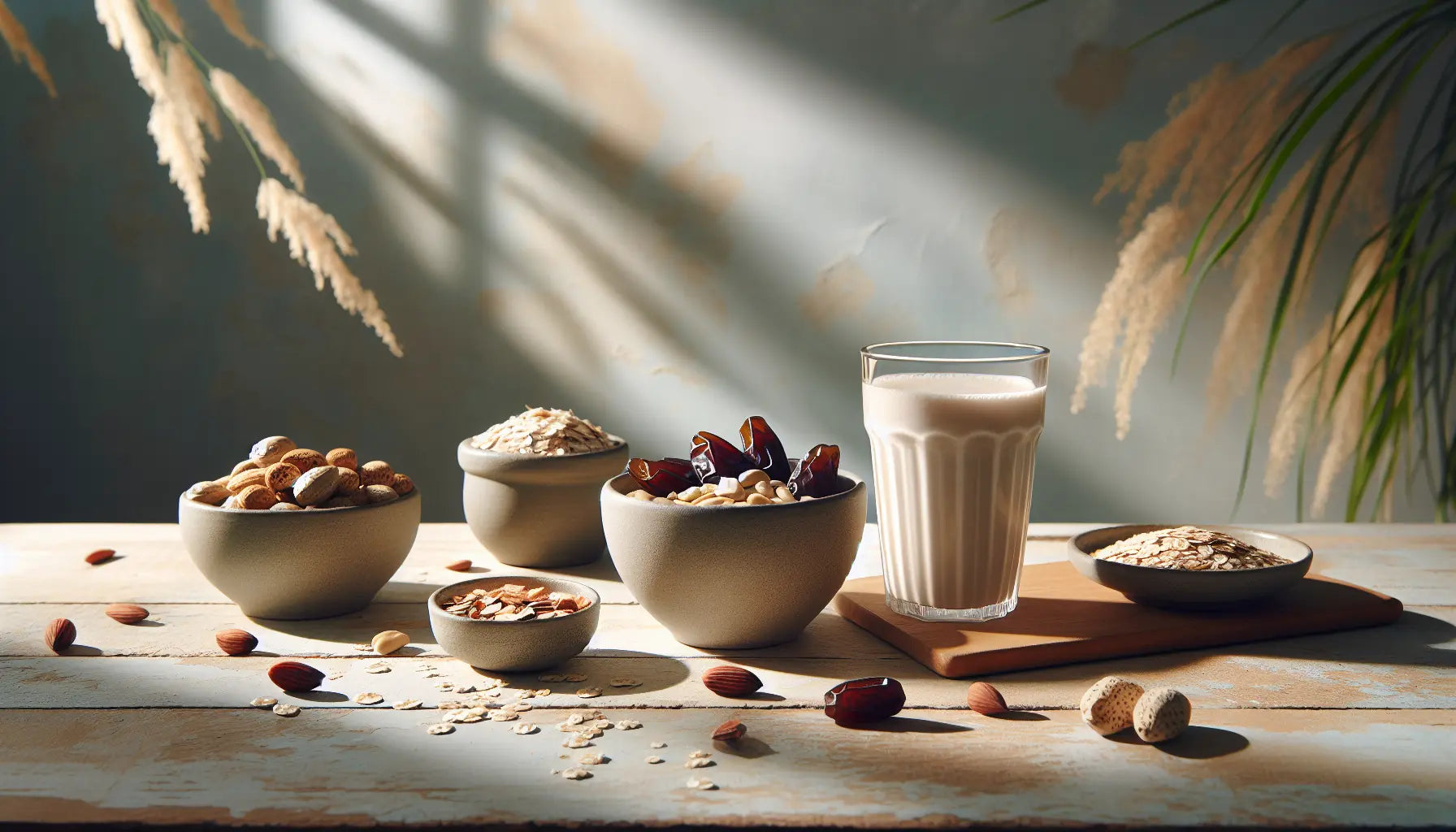 Vegane Snacks Nuesse Datteln Ofenkartoffeln und Proteinshake auf heller Holzoberflaeche minimalistisch arrangiert sonniges Tageslicht