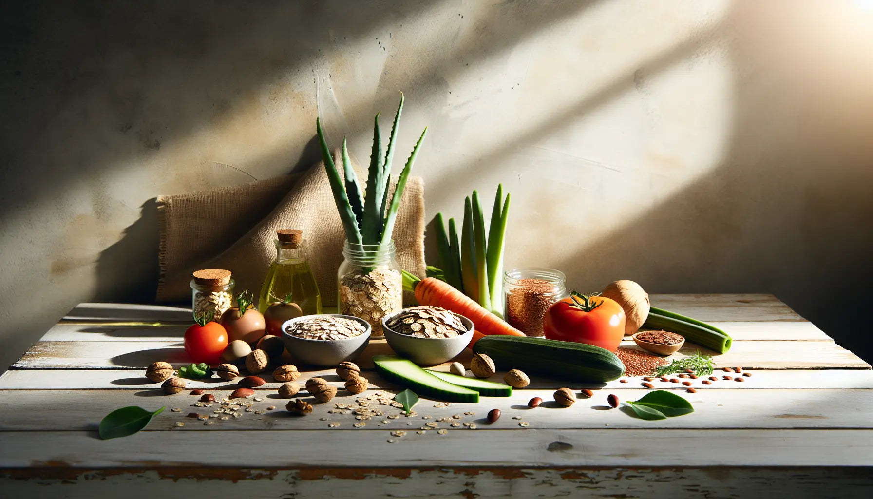 buntes arrangement aus gemuese getreide nuessen und samen auf rustikalem holztisch in hellem tageslicht vegane ernahrungsvielfalt