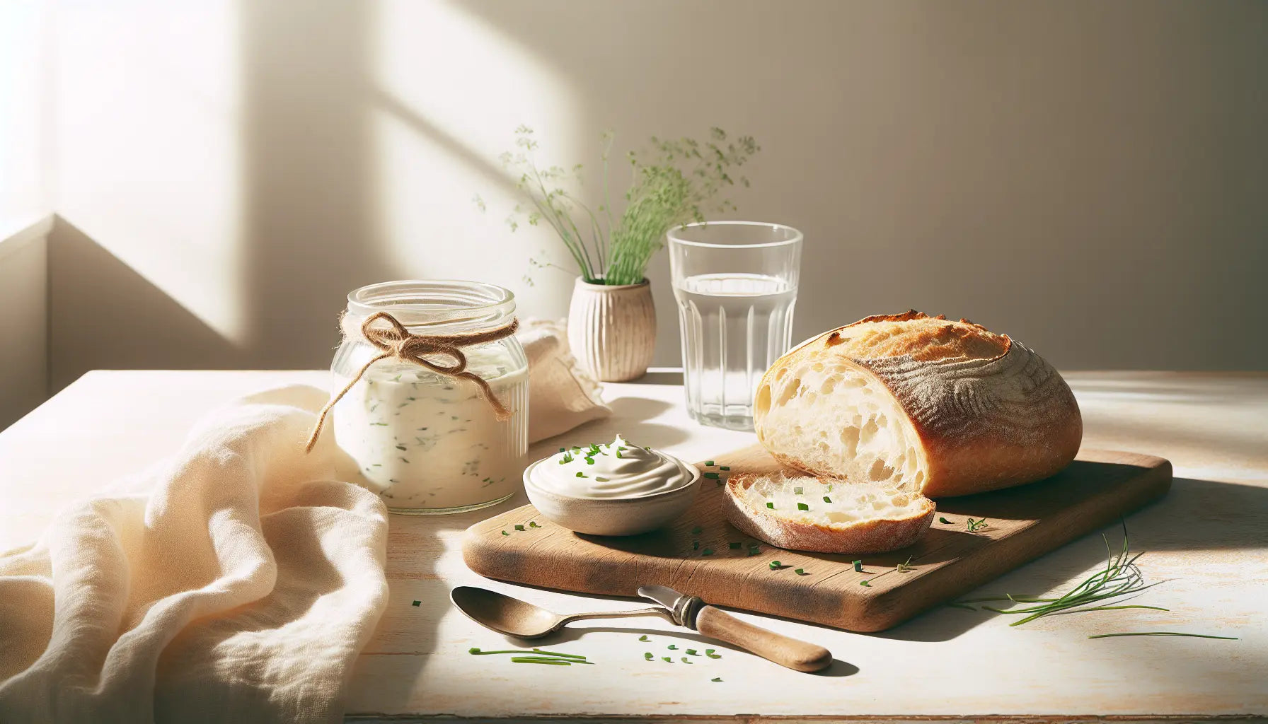 vegane frischkaese brot kraeuter auf hellem rustikalem tisch mit glas und löffel veganes frühstück natürliches licht