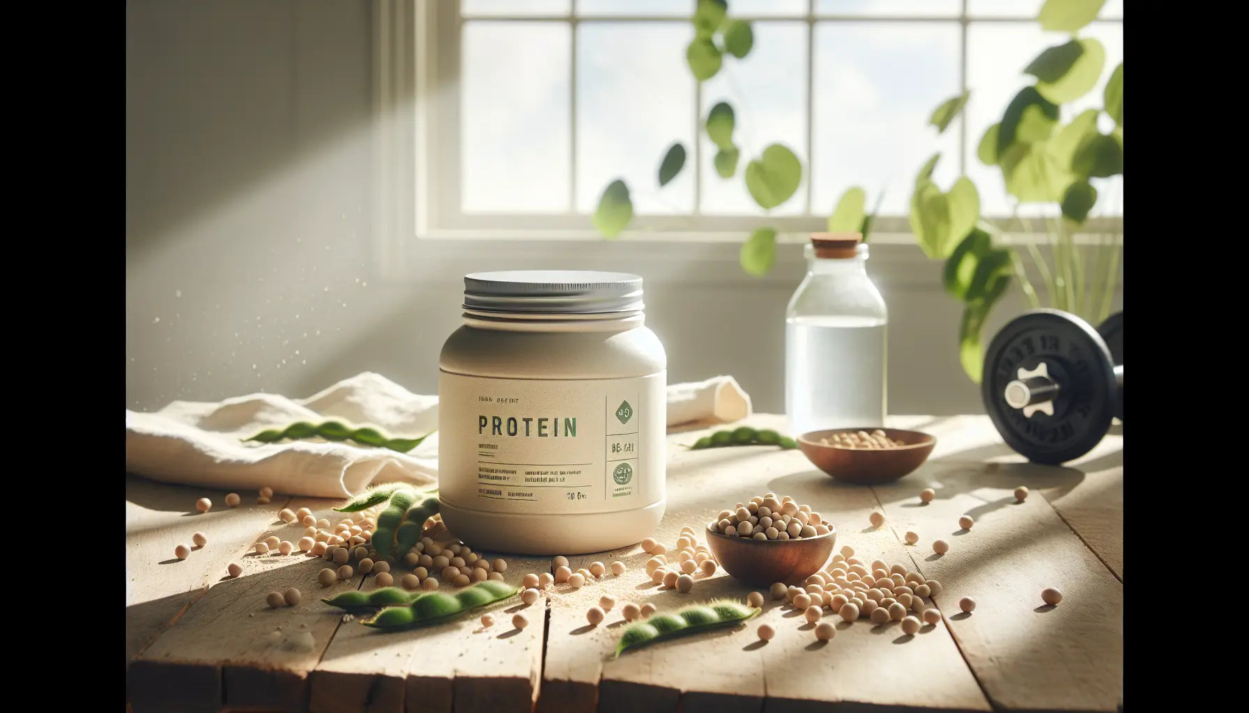 Veganes Proteinpulverbehälter mit Sojabohnen und grünen Pflanzen auf heller Holzoberfläche in minimalistischem Fitnessraum