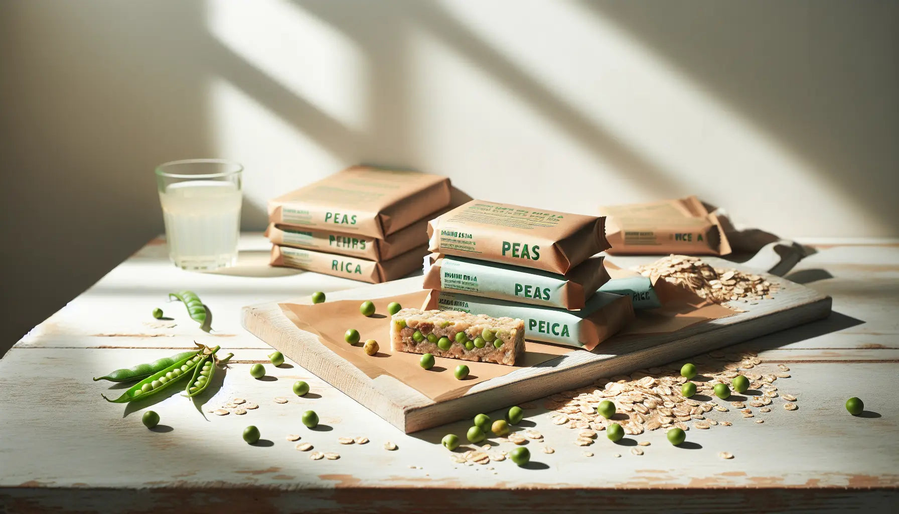 veganes proteinriegel sortiment auf hellem holztisch mit erbsen reis und haferflocken in sanftem tageslicht