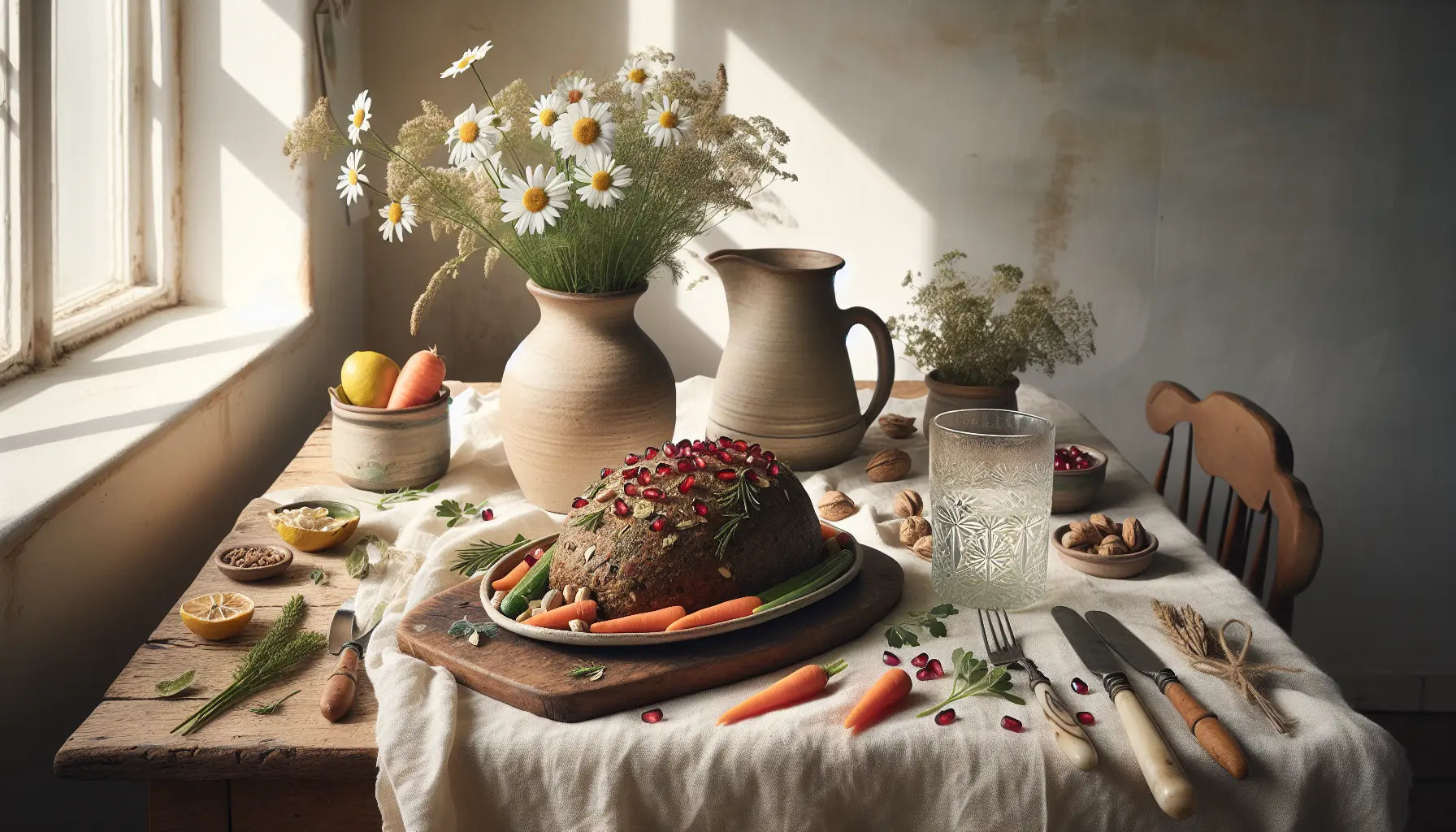 veganes weihnachtsessen tisch mit nussbraten glas karaffe babykarotten paprika und vintage besteck auf hellem holztisch