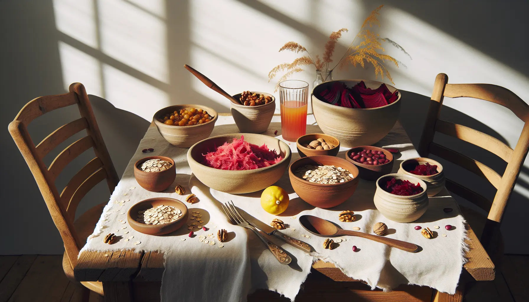 Traditionelle bulgarische vegane Weihnachtsgerichte auf rustikalem hellem Holztisch in Keramikschalen mit natürlicher Dekoration und hellem Hintergrund