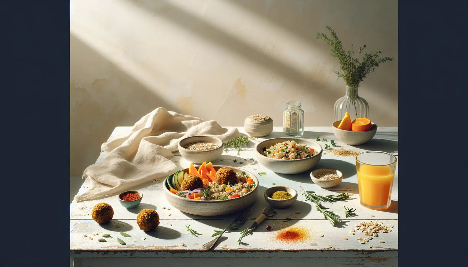 vegetarische gerichte bunte auswahl auf hellem holztisch mit kraeutern gewuerzen und glas orangensaft helle freundliche stimmung