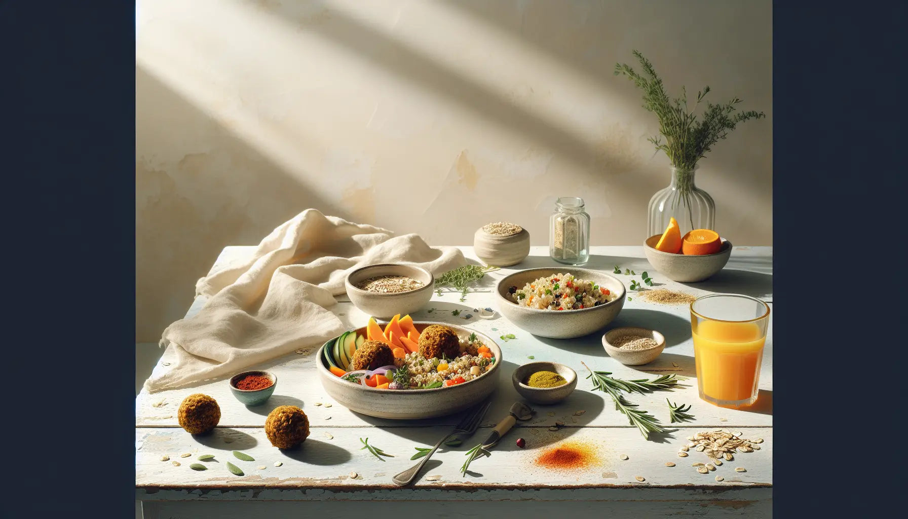 vegetarische gerichte bunte auswahl auf hellem holztisch mit kraeutern gewuerzen und glas orangensaft helle freundliche stimmung