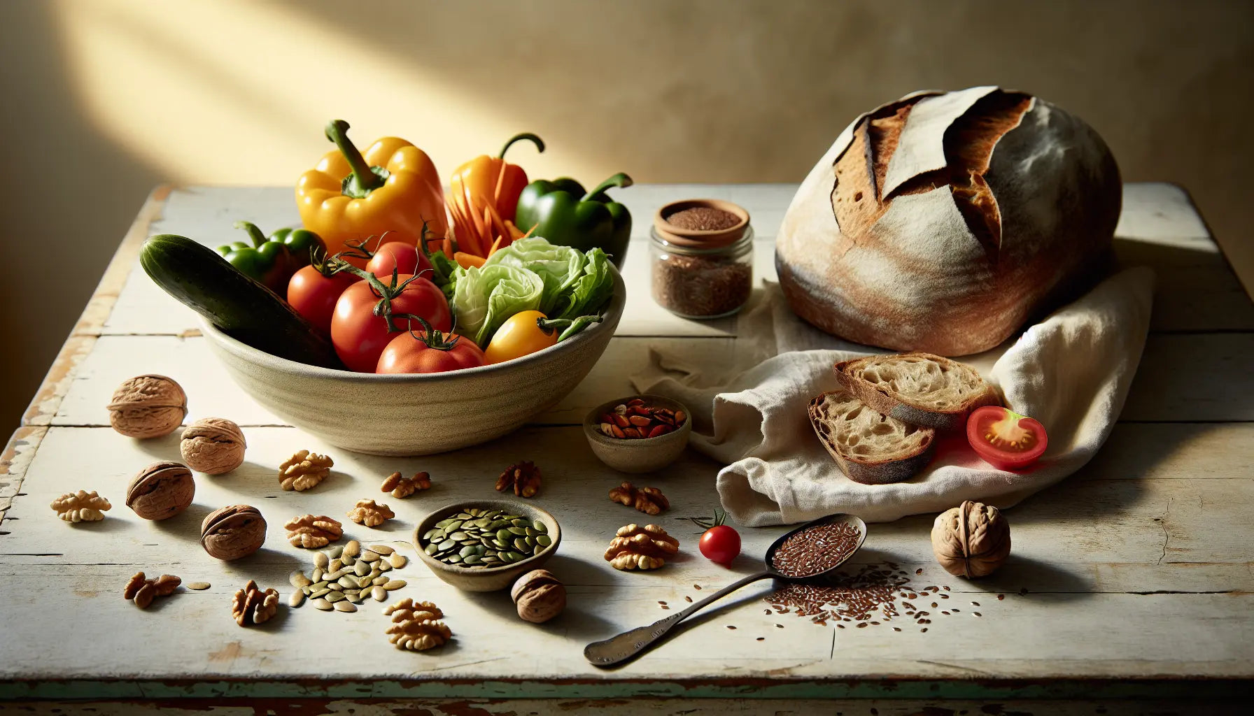 Frische vegetarische Zutaten auf hellem rustikalem Holztisch mit Keramikschale Nuesse Samen Gemuese und Vollkornbrot in heller freundlicher Szene