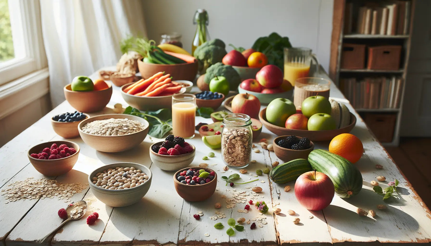 vielfaeltige pflanzliche lebensmittel auf hellem holztisch mit huelsenfruechten gemuese und obst in freundlicher hellem ambiente