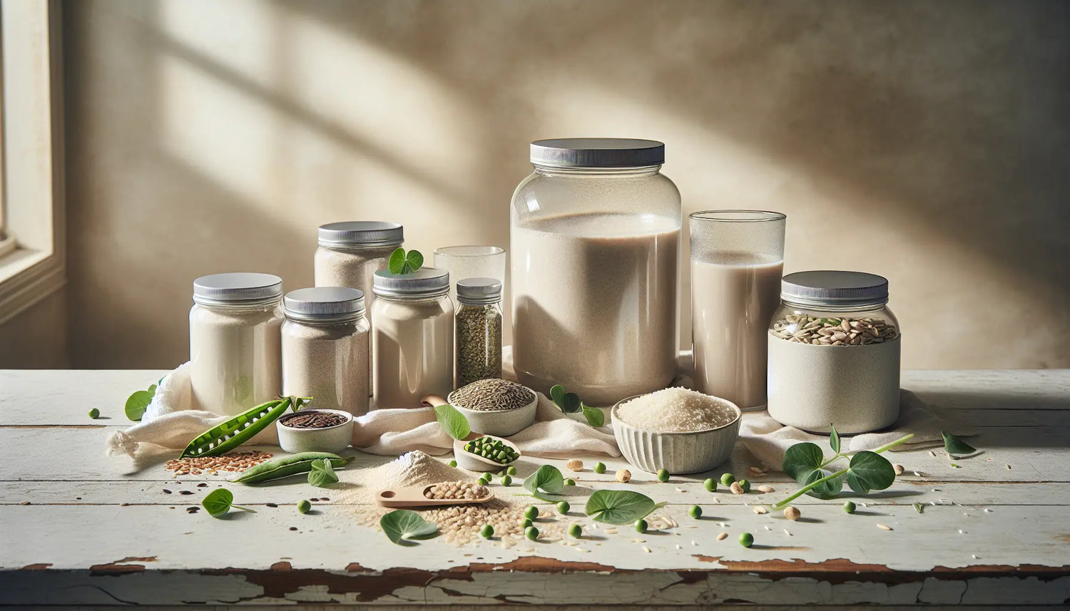 veganes protein pulver set glasgefaesse mit erbsen reis hanf samen sonnenblumenkerne auf hellem holztisch mit pflanzenblättern