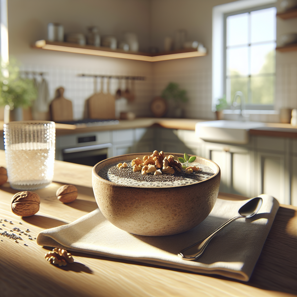 Ein modernes, einladendes Küchenbild mit veganem Chiasamen-Pudding und Walnüssen auf einem hellen Holztisch als Frühstück
