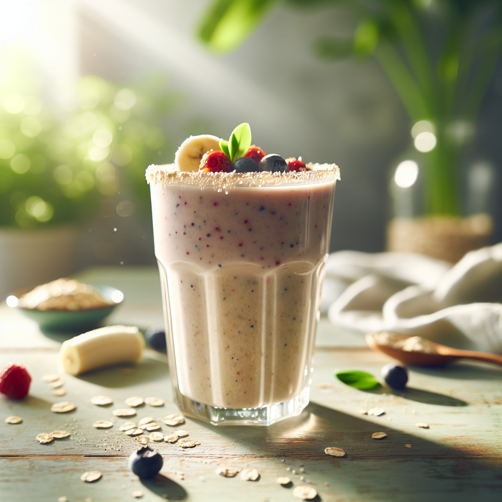 Veganer Protein-Shake im Glas mit frischen Früchten und Erbsenprotein auf einem Holztisch, im Hintergrund eine grüne Pflanze.