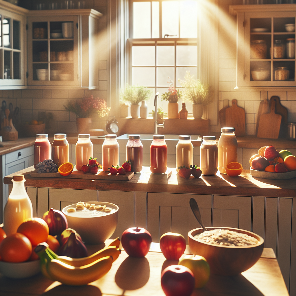A warm and inviting kitchen with protein drinks ready for a healthy breakfast.