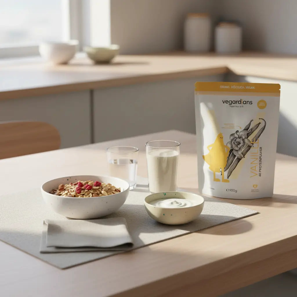 Minimalistische Morgenküche mit Holztisch, Glas Wasser, Müsli, pflanzlichem Joghurt, Shake und Vegardians-Produkt – ab wann ist Gewichtsverlust bedenklich