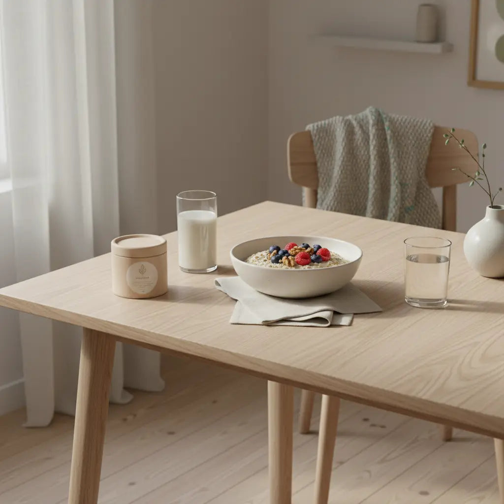 Veganes Frühstück mit Haferbrei, Beeren, Nüssen und Shake auf nachhaltigem Holztisch in einer ruhigen europäischen Küche – idealer Start zum abnehmen für Anfänger.