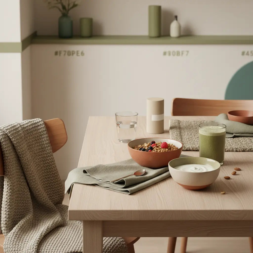 Minimalistisches Winterfrühstück mit Granola, Joghurt, Nüssen und veganem Shake neben dem Produkt — gesundes Essen für abnehmen im winter