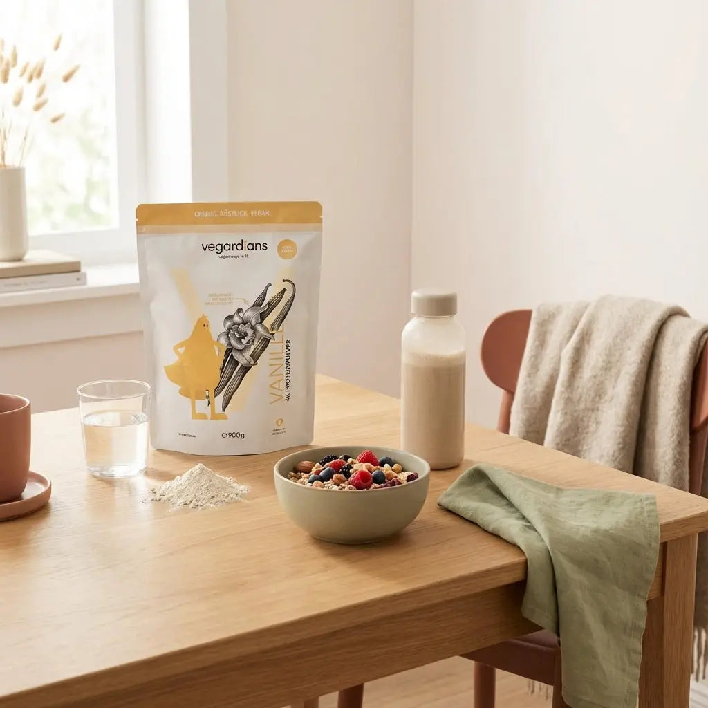 Minimalistische europäische Küchenaufnahme mit Holztisch, Glas Wasser, Müsli mit Beeren, Nüssen und neutralem Proteinshake – Szene für abnehmen in 90 tagen.