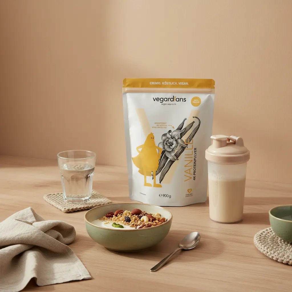 Abnehmen Kopfsache: minimalistisches Morgenfrühstück auf Holztisch mit veganer Frühstücksschüssel, klarem Wasserglas und neutralem Shaker in ruhiger, nährender Atmosphäre.