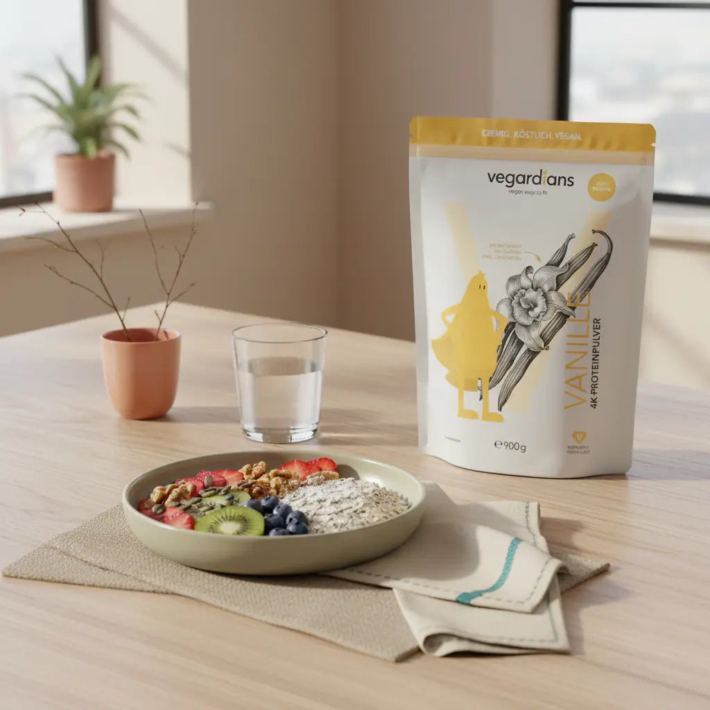 Minimalistische Morgen-Küchenszene mit veganem Porridge, Glas Wasser und Vegardians-Produkt auf Holztisch – Ratgeber abnehmen mit 50