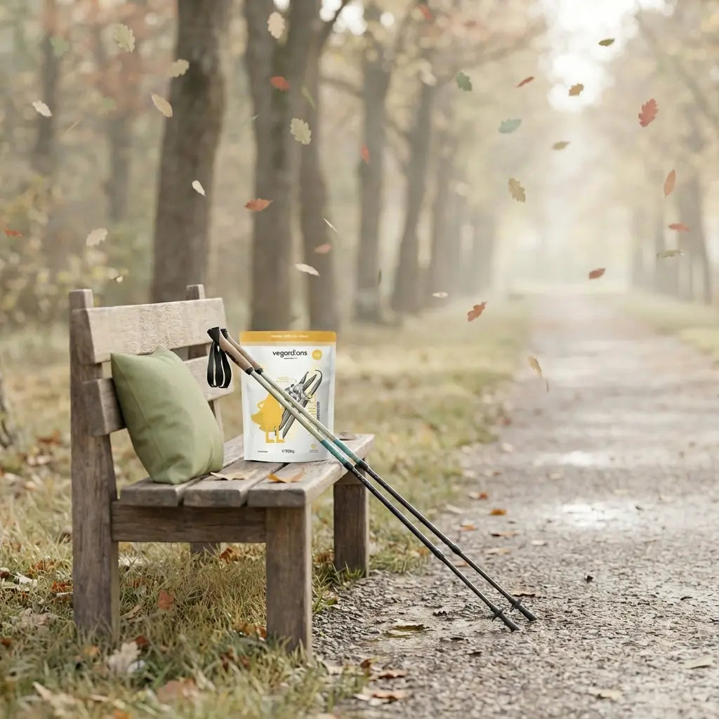 Parkweg mit einer Holzbänke, Nordic‑Walking‑Stöcke lehnen daneben, Vegardians‑Produkt sichtbar auf der Bank in herbstlicher Szenerie, abnehmen mit nordic walking