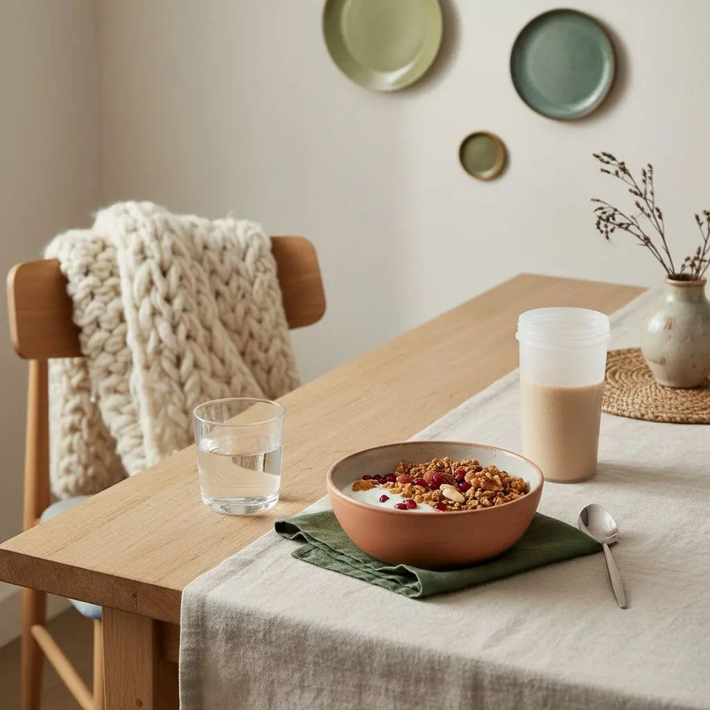 Veganer Frühstückstisch mit Granola, Joghurt, Nüssen und proteinreichem Shake in heller europäischer Küche, abnehmen mit protein, ruhige minimalistische Ästhetik