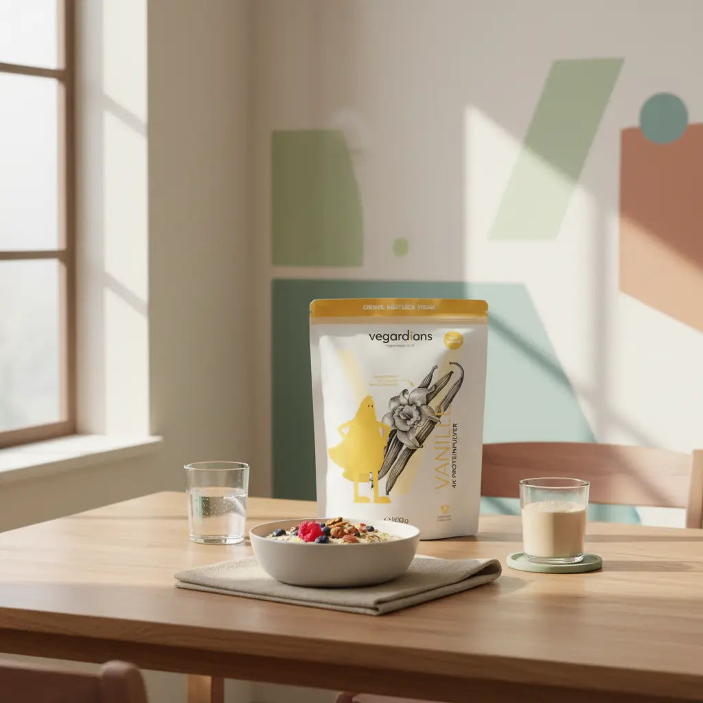 Minimalistisches Morgenfrühstück auf nachhaltigem Holztisch mit Haferbrei, Nüssen, Beeren, Glas Wasser und veganem Shake in ruhiger Ästhetik – abnehmen mit sport