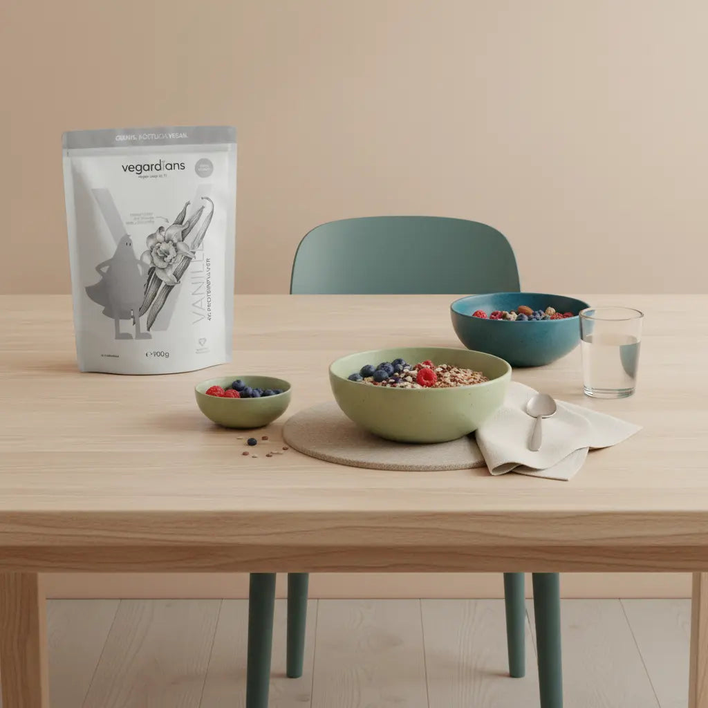 Müsli mit Beeren und Nüssen und Glas Wasser auf nachhaltigem Holztisch in europäischer Küche, sanftes Morgenlicht, winterliche Woll- und Leinenakzente – Abnehmen