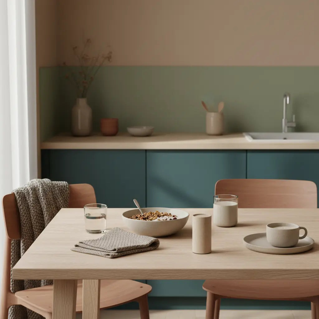 Minimalistische Morgenküche mit veganer Frühstücksbowl, Glas Wasser und pflanzlichem Shake; Produkt aus Referenzfotos sichtbar — abnehmen nach der Schwangerschaft