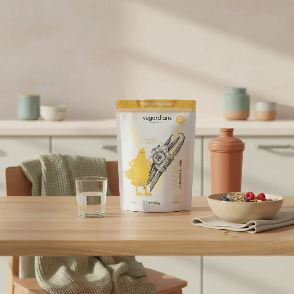 Minimalistisches Morgenfrühstück mit veganem Müsli, Nüssen, Beeren, Glas Wasser und Vegardians-Produkt auf einem hellen Tisch – abnehmen ohne sport